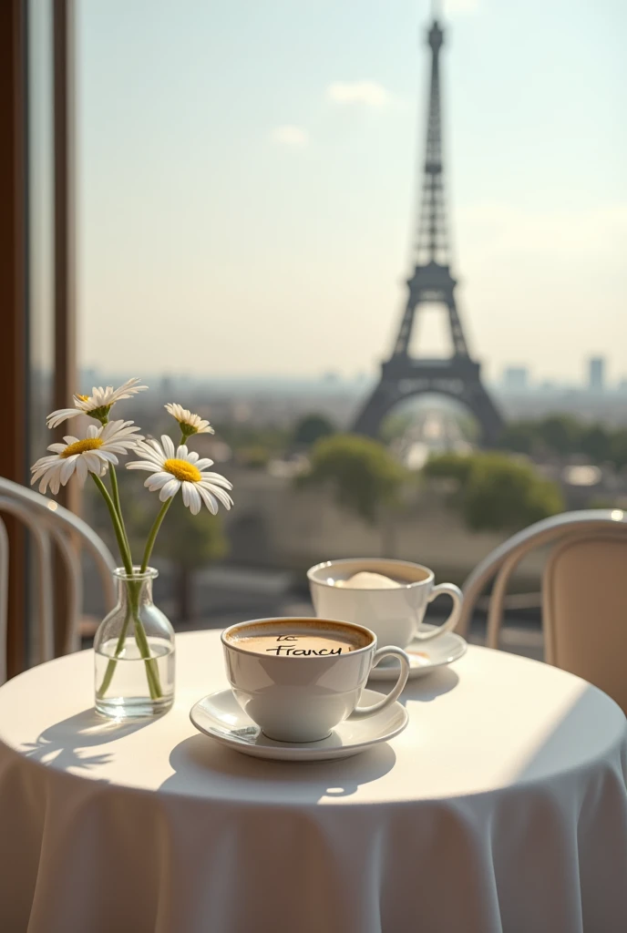 realistic photo, of a table with two chairs, a white tablecloth, a vase with a daisy flower, a cup of coffee with a note that says: This coffee is for Francy and the Eiffel Tower in the background 