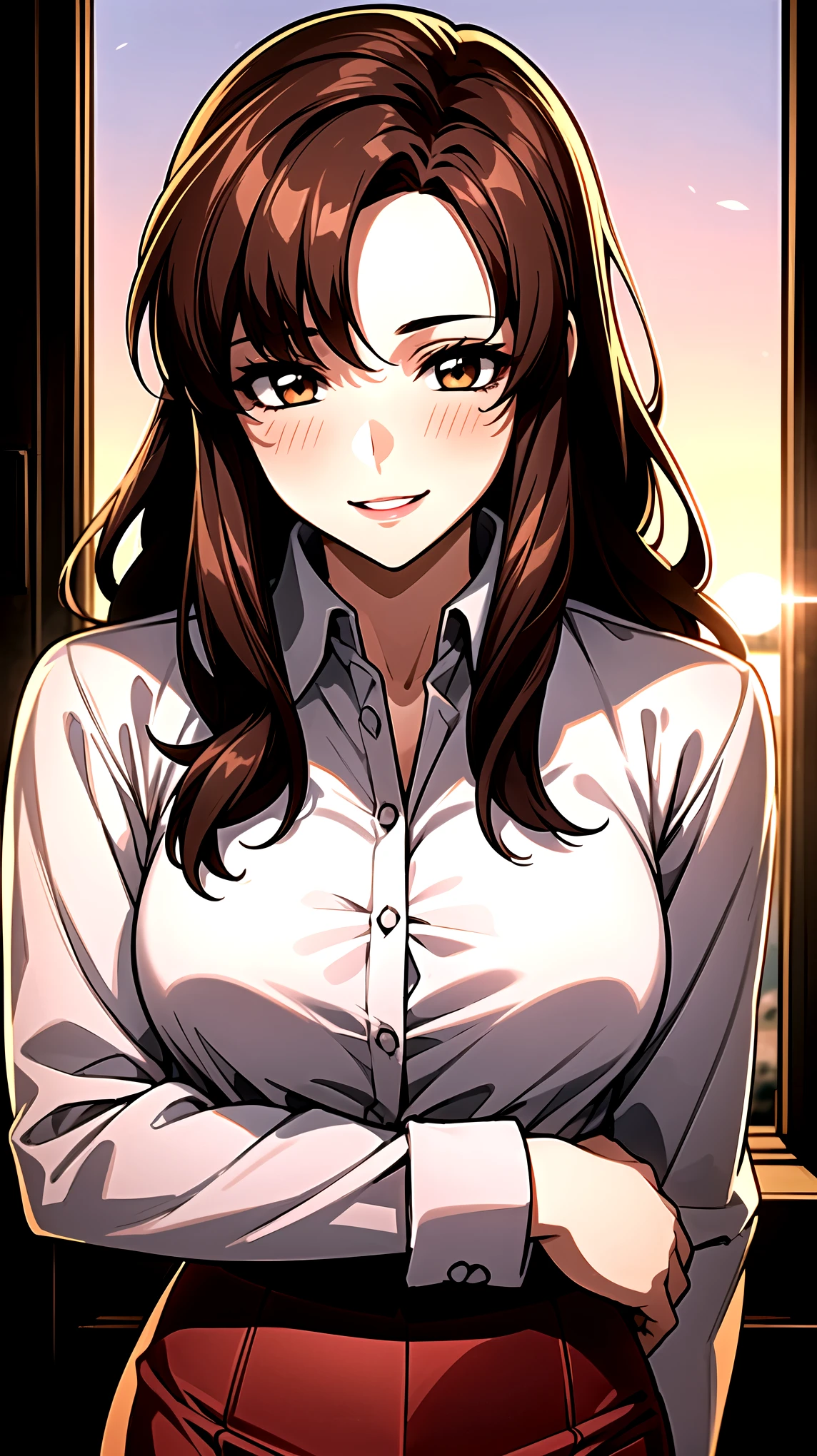 ((super high quality,Ultra-high resolution,16K,super masterpiece,Ultra HD ,Detailed shading,))A hilltop illuminated by the setting sun,One sexy mature woman,((popped Tight collar Pink shirts,sexly,))Folded long sleeves,Red pencil skirt,Looking at the camera,Brown medium long hair,A kind smile,blush,Thick lips,Red rose pendant,