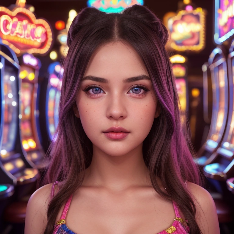 cute girl playing slot machines, 1girl, beautiful detailed eyes, beautiful detailed lips, extremely detailed face and hair, cute and adorable expression, casino interior, slot machines, neon lights, cinematic lighting, fantasy, vibrant colors, highly detailed, 8k, photorealistic, masterpiece, cinematic composition, dramatic lighting