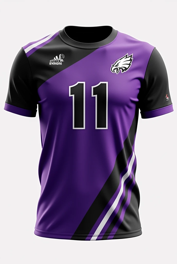 A volleyball shirt from front to back being purple and black with number 11 our kids understand details minimal stripes and the eagle 