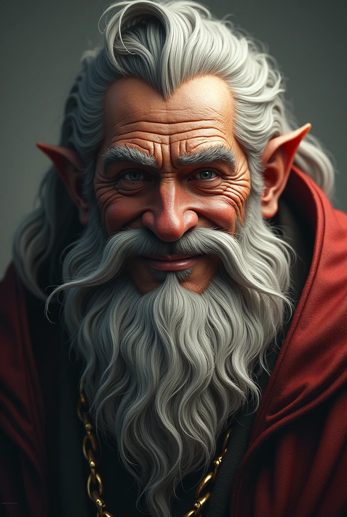 Create an ultra-realistic logo of a mythological god with a long, thick beard, with a cheeky and confident smile. The god must have an aged face with strong and expressive features., highlighting a dominant posture and a discerning gaze. The beard must be very detailed and voluminous., and the smile must convey a mixture of mischief and charisma. The background should be neutral to highlight the figure of the god..