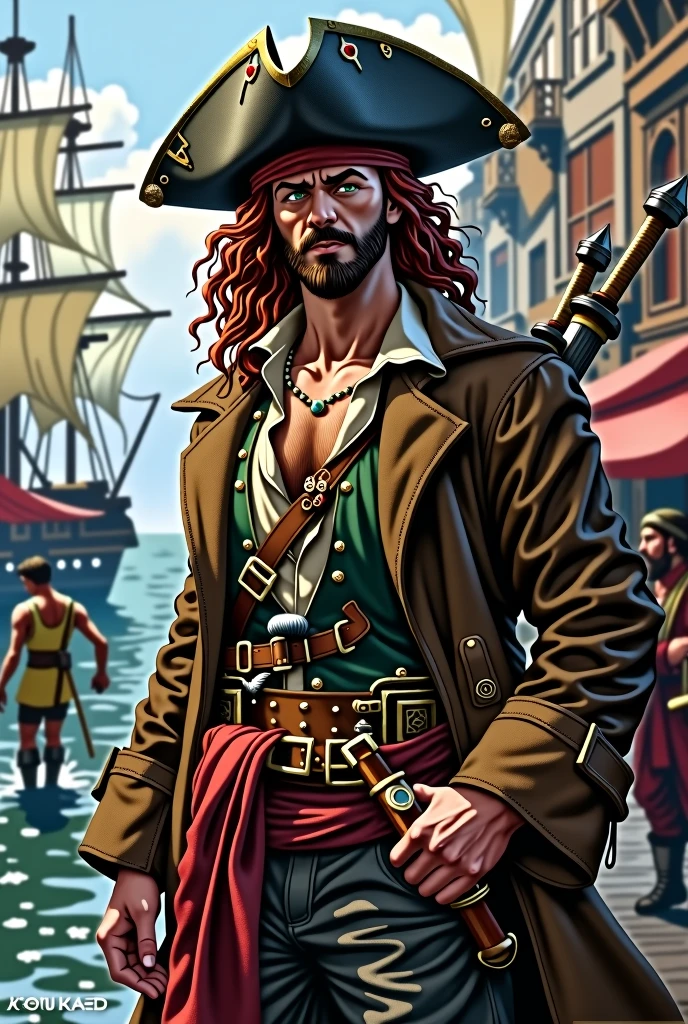 Create an image of a full human race pirate for D&D. A young pirate of 20 years old with long curly hair and garnet red color, with a short beard and a garnet red moustache and dark green eyes. He wears a black leather battered hat, He wears a long, worn and old brown pirate-style trench coat, with a light shirt and a ruined vest underneath. In life he wears a red sash with a belt and two bastard swords on his back., in the background a pirate port. 