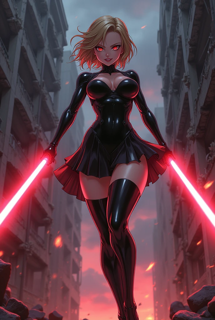 The image is anime style with shadows and dim lights, anime style although somewhat adult and dark, It shows a female android in a black latex suit and a kind of very short skirt., who looks to be 20 years old, She has short wavy blonde hair, smiles maliciously. He has crimson red eyes. is beautiful, but he seems like a psychopath. It is flying in a T pose, destroying with lasers coming out of his back, as well as his knees and shoulders, to a building at dawn. The building is falling apart.