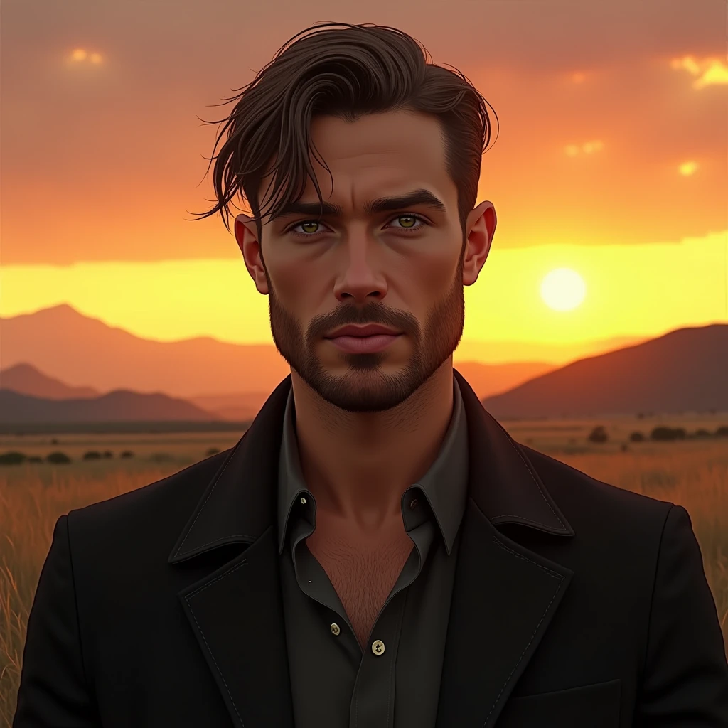 Young man, Caucasian skin, with little beard on the face, medium hair, greeneyes, Black jacke, sunset in texas united states