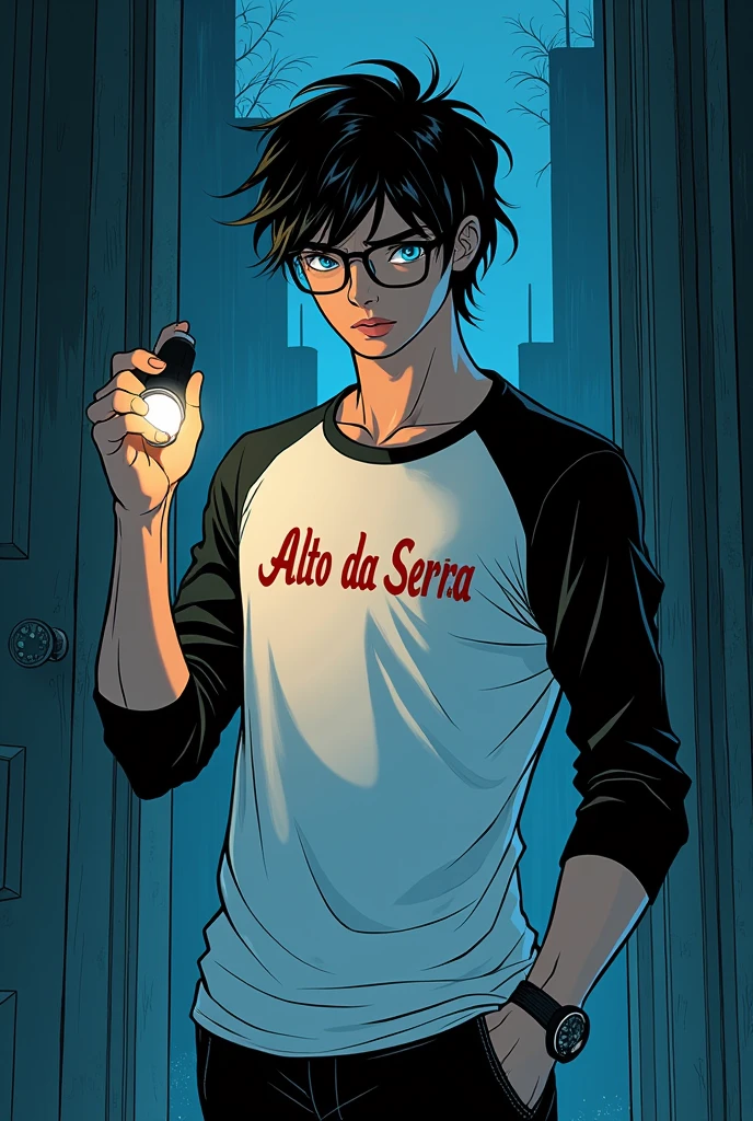 Comic book style image, Man 20 years old, medium messy black hair with blue eyes wearing glasses with mysterious expression, defined body with a white shirt with black sleeves with Alto Da Serra written in red, holding a flashlight in his hand, de corpo inteiro, kind of dark academia style, mature man