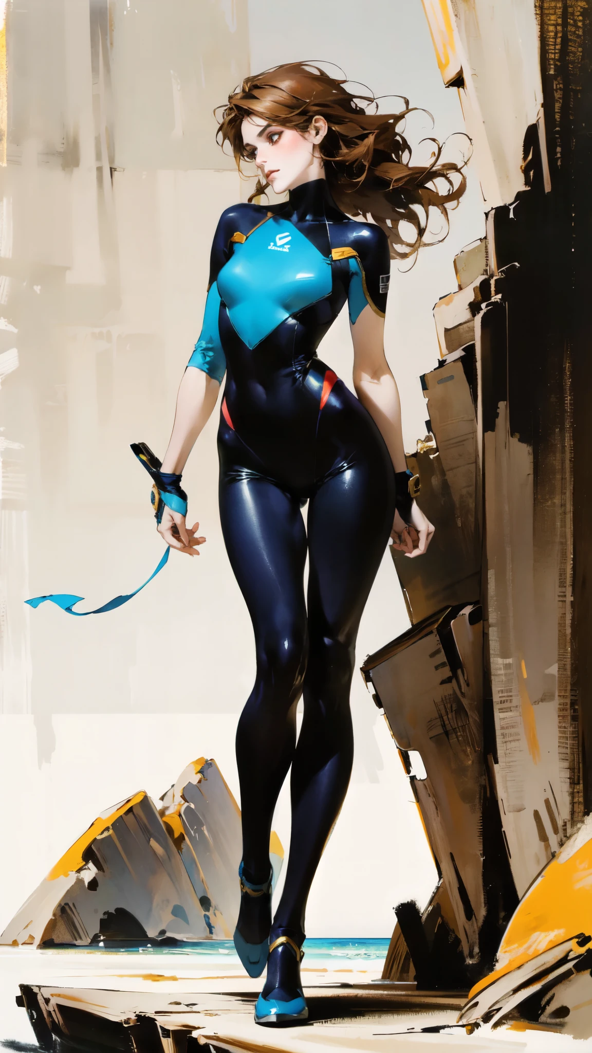 (masterpiece:1.2, best quality:1.2, extremely delicate:1.2), a mature women with long slightly curly brown hair, a well-defined face, intense eyes, a thoughtful expression, brown skin, tall and athletic build, a futuristic fantasy-style blue and black short-sleeved tight-fitting wetsuit, matching trousers, wrist guards, she sits leisurely on a seaside rock, this character embodies a finely crafted futuristic fantasy-style swimmer in anime style, exquisite and mature manga art style, dramatic, high definition, highres, ultra-detailed, ultra-fine painting, professional, perfect body proportions, golden ratio, anatomically correct, symmetrical face, extremely detailed eyes and face, high quality eyes, creativity, RAW photo, UHD, 32k, Natural light, cinematic lighting, (masterpiece-anatomy-perfect:1.2)