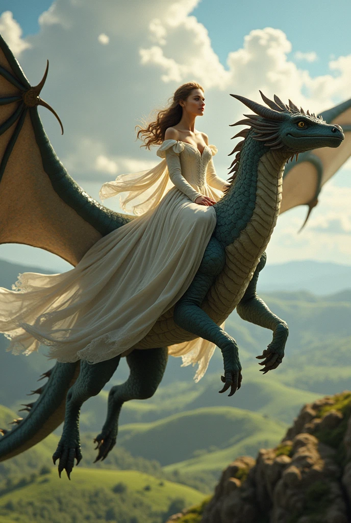 Character Penelope from Bridgerton riding on Rhaenyra Targaryen's dragon from House of Dragon