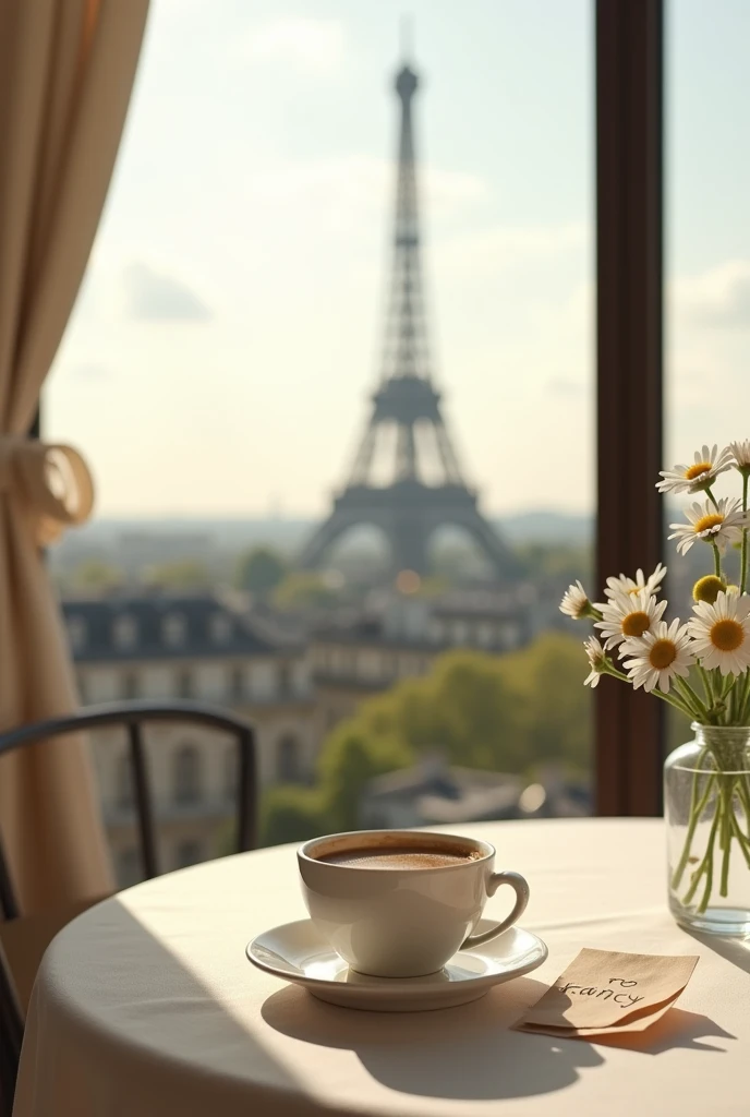 realistic photo, of a table with two chairs, a white tablecloth, a vase with a daisy flower, a cup of coffee with a note that says: This coffee is for Francy and the Eiffel Tower in the background