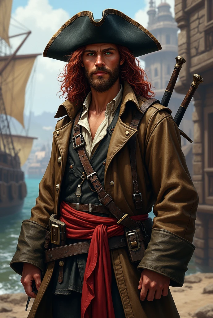 (Absurdres, Intricate Details, Masterpiece, Best Quality, High Resolution, 8k), 1 male, masculine, young, lean and muscular, carefree, finely detailed eyes and face, long loose brown hair, stubble, hazel eyes, darkly tanned skin, looking at viewer, solo, detailed background, detailed face, (pirate fantasy theme:1.1), (tattoos:0.9), (brightly colored long coat:1.3), (embroidered shirt with loose laces:1.3), (tight pants), straps, small leather pouch, wooden pirate dock background, daylight, (enthusiastic attitude), Depth of Field, VFX, bokeh, (realistic textured skin, realistic textured hair), laughing, photorealistic