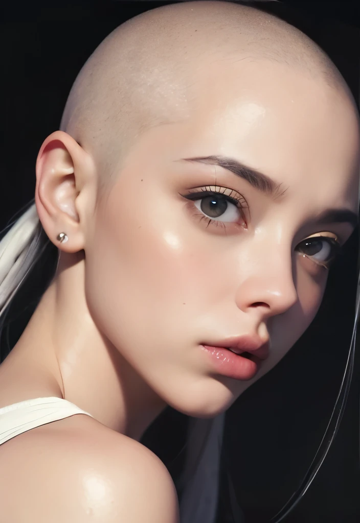 Brightly lit front facing Bald Billie eilish Attractive female woman front view, front view focus on face, touching herself, portrait , face portrait close up, close-up, bald beauty, face centered, symmetrical face, beautiful lips, white skinned sexy griffon female griffon alien no hair her head, with a sexy knock out body, large saggy tits, (Her face is gorgeous), Her skin is smooth, moist, and glossy, perky sharp ears, clean lines, photoshoot, no background, sexual soft skin, sexy extraterrestrials,she has plump juicy lips,