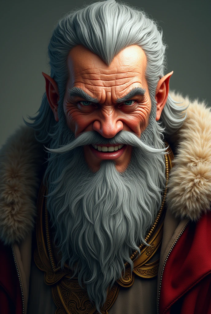 Create an ultra-realistic logo of a mythological god with a long, thick beard, with a cheeky and confident smile. The god must have an aged face with strong and expressive features., highlighting a dominant posture and a discerning gaze. The beard must be very detailed and voluminous., and the smile must convey a mixture of mischief and charisma. The background should be neutral to highlight the figure of the god..