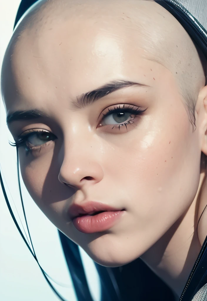 Brightly lit front facing Bald Billie eilish Attractive female woman front view, front view focus on face, touching herself, portrait , face portrait close up, close-up, bald beauty, face centered, symmetrical face, beautiful lips, white skinned sexy griffon female griffon alien no hair her head, with a sexy knock out body, large saggy tits, (Her face is gorgeous), Her skin is smooth, moist, and glossy, perky sharp ears, clean lines, photoshoot, no background, sexual soft skin, sexy extraterrestrials,she has plump juicy lips,