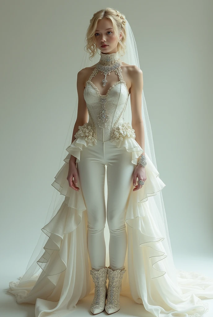 Man of androgynous appearance: Her skin is white and her hair is short, wavy, layered blonde., On top they hold some blonde braids, the groom's veil in layers of organza. She wears an outfit that combines a dress with very tight white dress pants.. The pants are completed with a layered groom's dress train that starts at the waist with layers of elegant tulle and diamonds.. The top of the rocooc dress is complete from waist to neck, imperial collar with jabot ruffles, sleeveless, non-transparent decorated with sewn diamonds and lace on the front. The ensemble is complemented by a layered bridal veil., long, elbow-length lace gloves and rococo boots