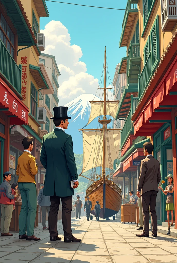 Illustrates Phileas Fogg and Passepartout in Hong Kong, perhaps on the streets with colonial buildings in the background.
 It shows Fogg with his characteristic stoic expression, while Passepartout looks around.
A sketch of the Tankadere sailing through the sea, con Fogg, Passepartout and Fix on board.
Shows the group&#39;s arrival in Yokohama, with Mount Fuji in the background.
 Portraits of the main characters: Fogg, Passepartout, Aouda y Fix, with a brief description of their roles and relationships.
but a woman also appears in that image 

