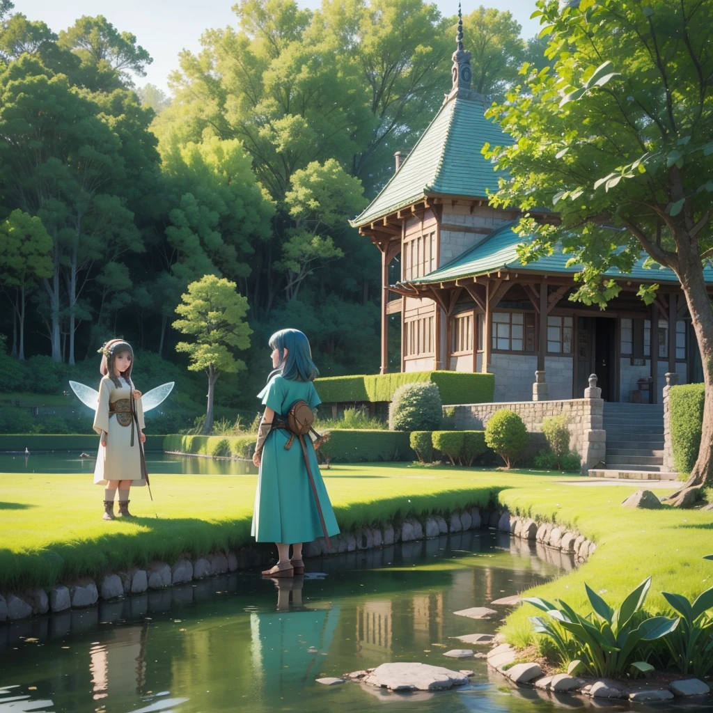 Girl standing in a Celtic castle by a lake。Celtic mythological priestess in long dress、House of Taiki、There are fairies flying around、