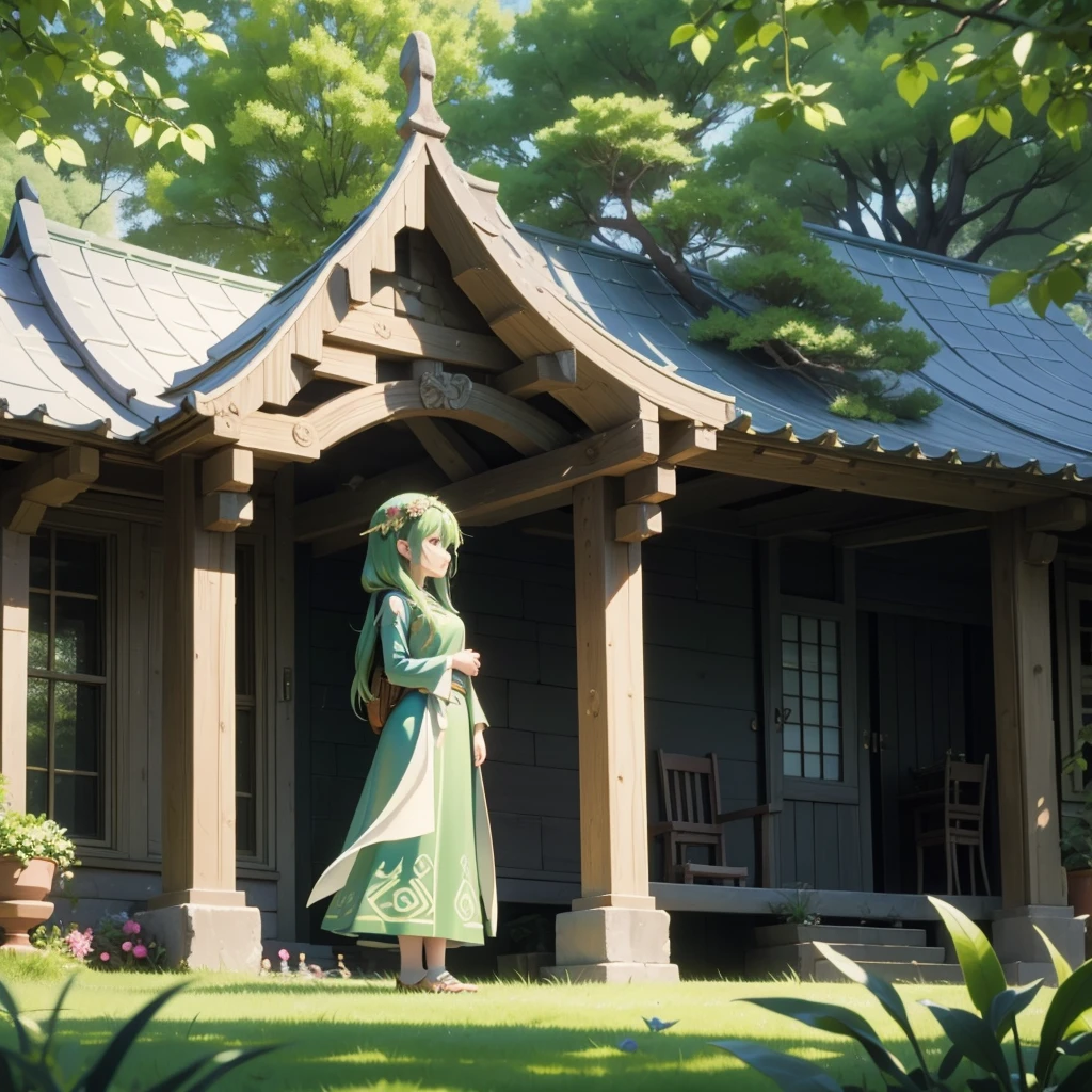 Girl standing in a Celtic castle by a lake。Celtic mythological priestess in long dress、House of Taiki、There are fairies flying around、