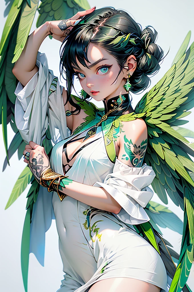 black-haired, green-eyed fairy with green wings and magical tattoos on her left arm wearing a white dress with gold details. Improve the wings