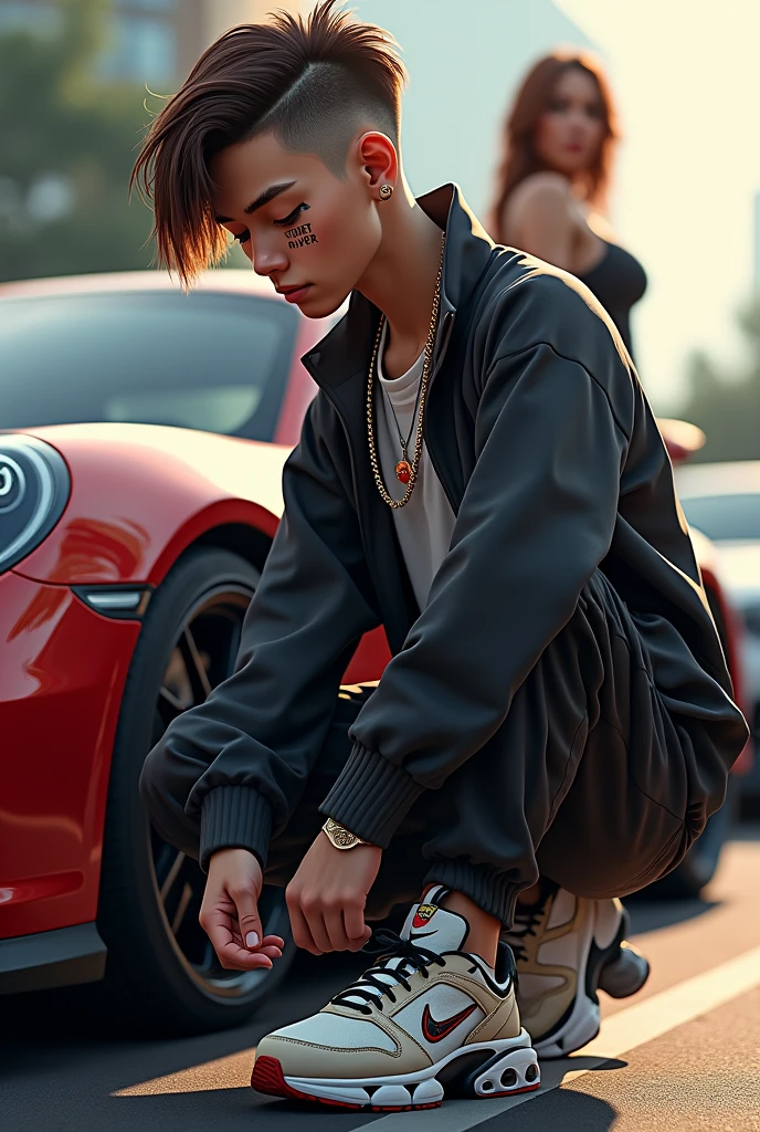 A 20 year old man, brown hair with a gradient cut ''start over'' tattooed on his face, with the profile pose, putting on a nike airmax tn sneaker on your foot, with sports car backdrop behind, medium nose, baggy pants and a chain around his neck and a woman showing her ass behind him