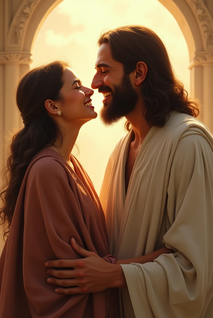 "Create a realistic and heartwarming image of a person with a joyful expression, radiating happiness and peace, in the comforting company of Jesus. The scene should show the person with a genuine, contented smile and a sense of inner joy, standing or sitting close to Jesus, who is depicted with a serene and loving demeanor. Jesus should be shown in a realistic style, dressed in traditional garments, offering a reassuring presence. The background should be gentle and uplifting, with soft light enhancing the sense of warmth and connection between the person and Jesus. The overall tone should convey a deep, personal sense of joy and spiritual fulfillment."



































