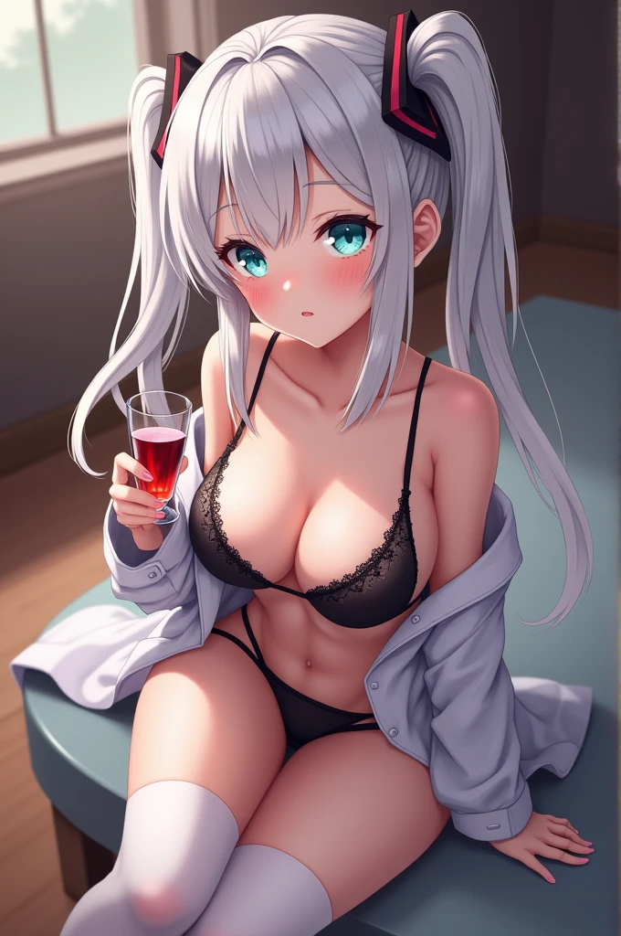 masterpiece, best quality, girl, white hair, twintails, naughty_face, drunk, blush, aqua eyes, one breast out, small breasts, sexy lingerie, white kneehighs, shirt lift, clothed_sex, shaved_pussy,