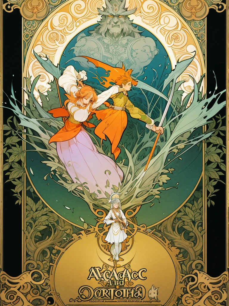 Mucha style , Adventure fantasy, the magician old silver wolf , with the droopy-eared swordsman orange rabbit girl , The Swordsman supports the Magician while he is casting a spell.