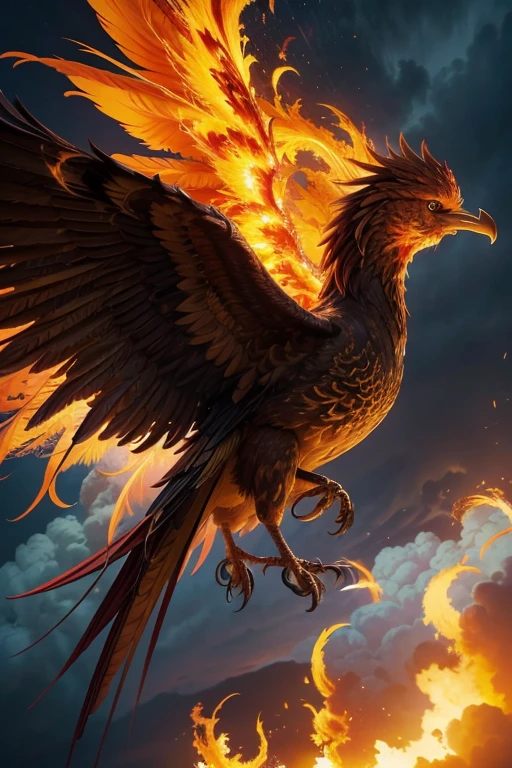 Beautiful Phoenix wrapped in flames flying through a cloudy sky, highlighting its beautiful fiery plumage; it has an imposing look; masterpiece; 8k; UHD