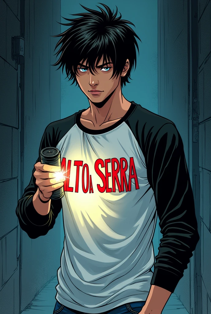 Comic book style image, Man 20 years old, medium length messy black hair with blue eyes with a mysterious expression, defined body with a white shirt with black sleeves with Alto Da Serra written in red, holding a flashlight in his hand, de corpo inteiro, kind of dark academia style