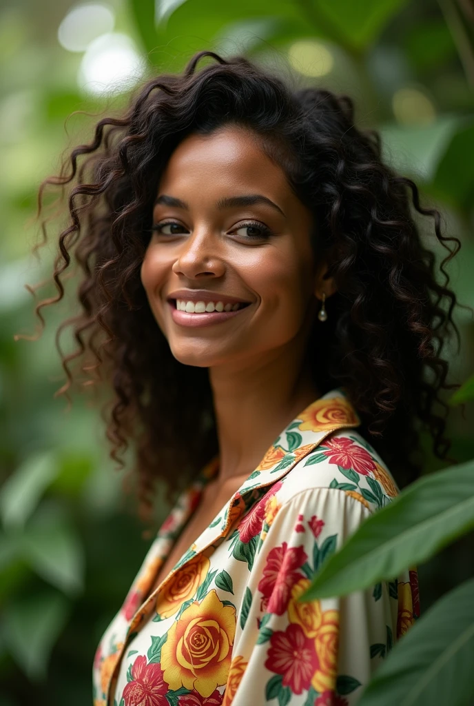 A Brazilian woman in a lush tropical garden, wearing an open shirt with a floral print, with a close-up capturing the harmonious beauty between her breasts and the natural flowers, showing off your natural charm and outgoing personality.