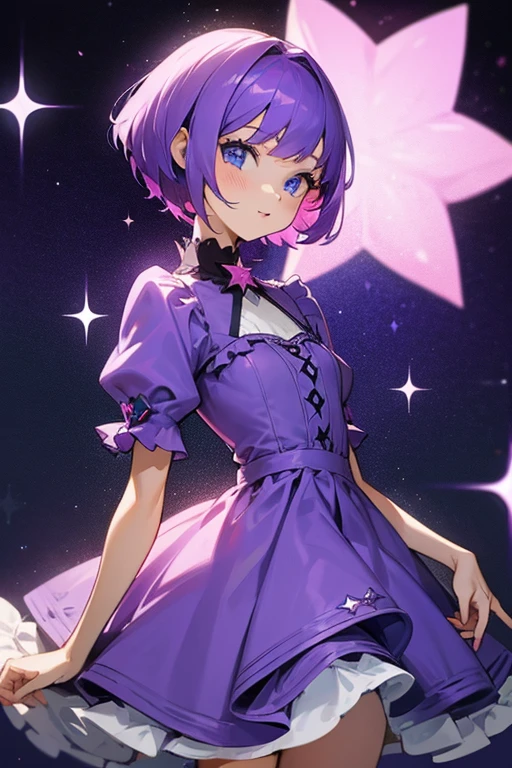 
Girl with short purple hair,sparkling blue eyes, wearing a purple dress with pink star designs with lots of ruffles 