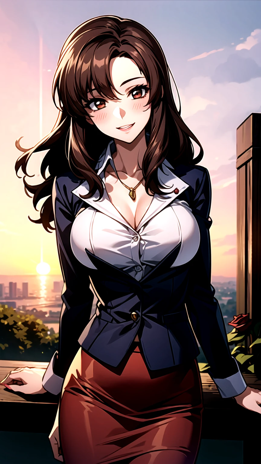 （（super high quality,Ultra-high resolution,16K,super masterpiece,Ultra HD ,Detailed shading,））A hilltop illuminated by the setting sun,One sexy mature woman,（（popped Tight collar Pink shirts,sexly,））Folded long sleeves,Red pencil skirt,Looking at the camera,Brown medium long hair,A kind smile,blush,Thick lips,Red rose pendant,