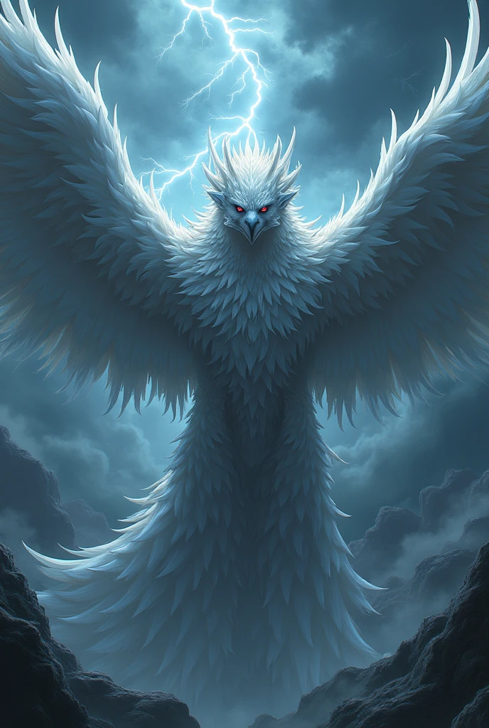 A female elemental phoenix with a very serious expression in a stormy background, 1girl, solo, female mature, anime screencap, (best quality, highly detailed, masterpiece, UHD:1.3)