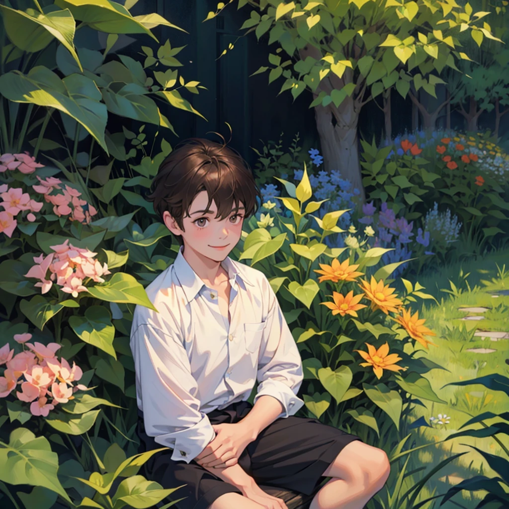 ,  boy with brown hair and dark eyes, sitting in a garden smiling 