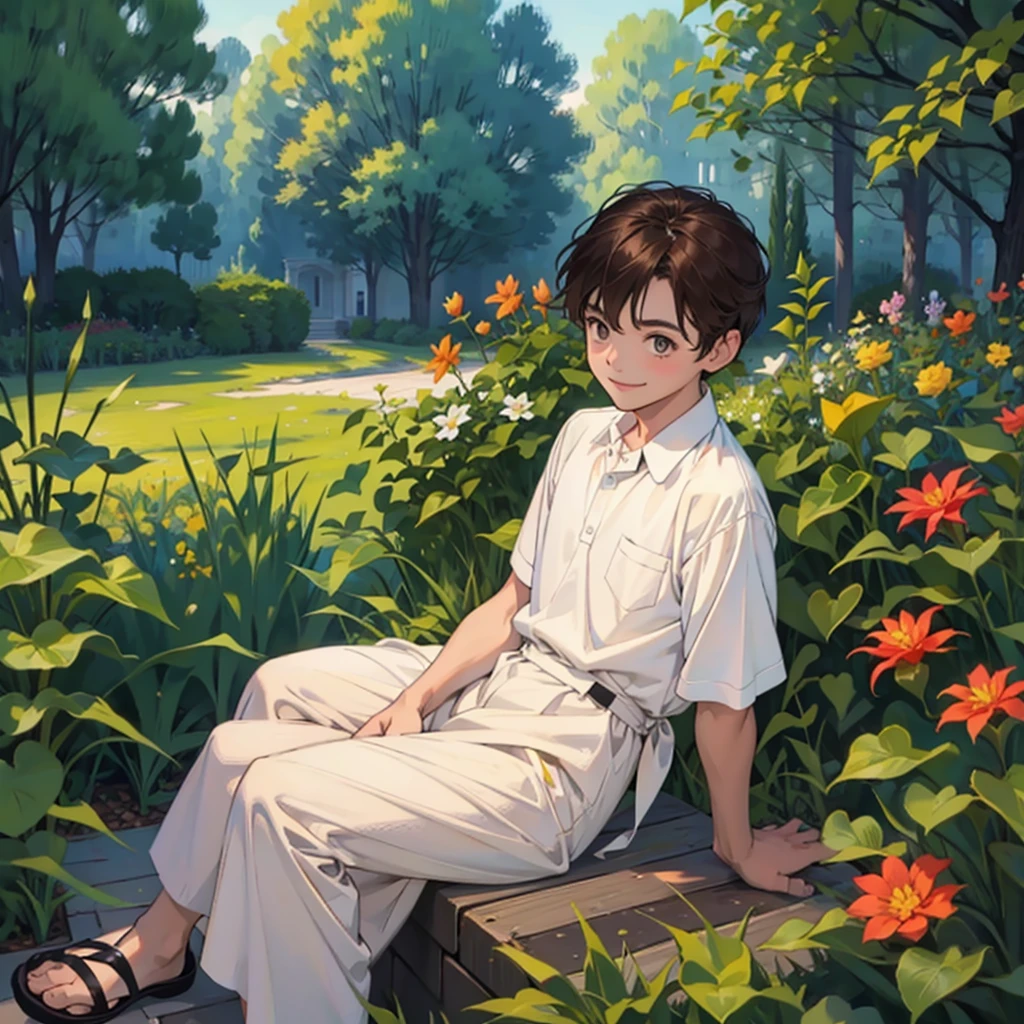 , eight year old boy with brown hair and dark eyes, sitting in a garden smiling