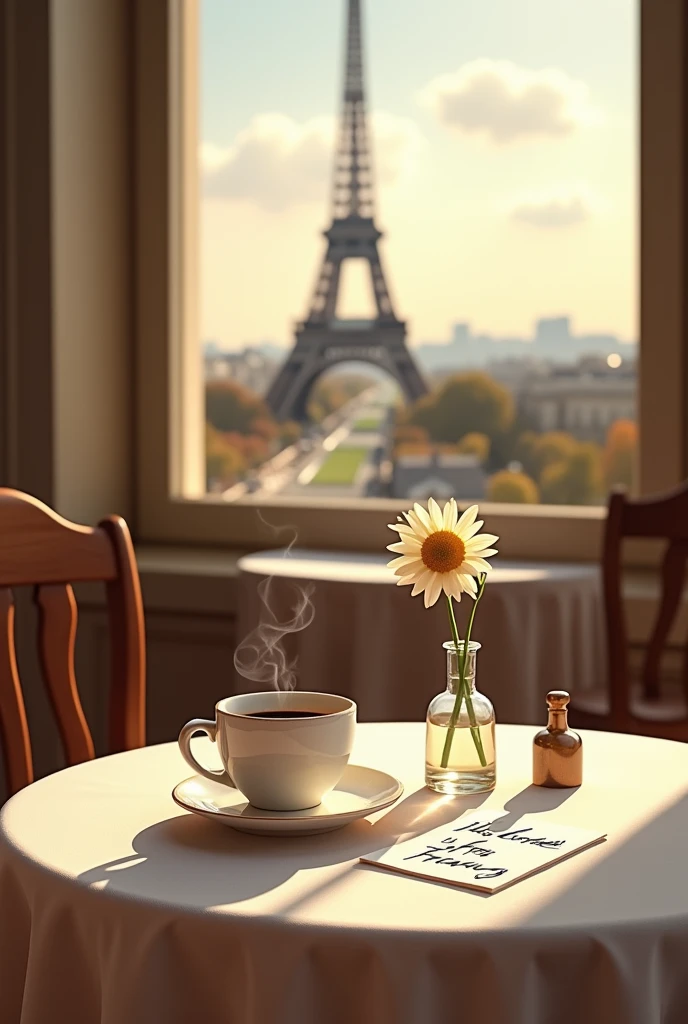realistic photo, of a table with two chairs, a white tablecloth, a vase with a daisy flower, a cup of coffee with a pretty note that says: This coffee is for Francy and the Eiffel Tower in the background 