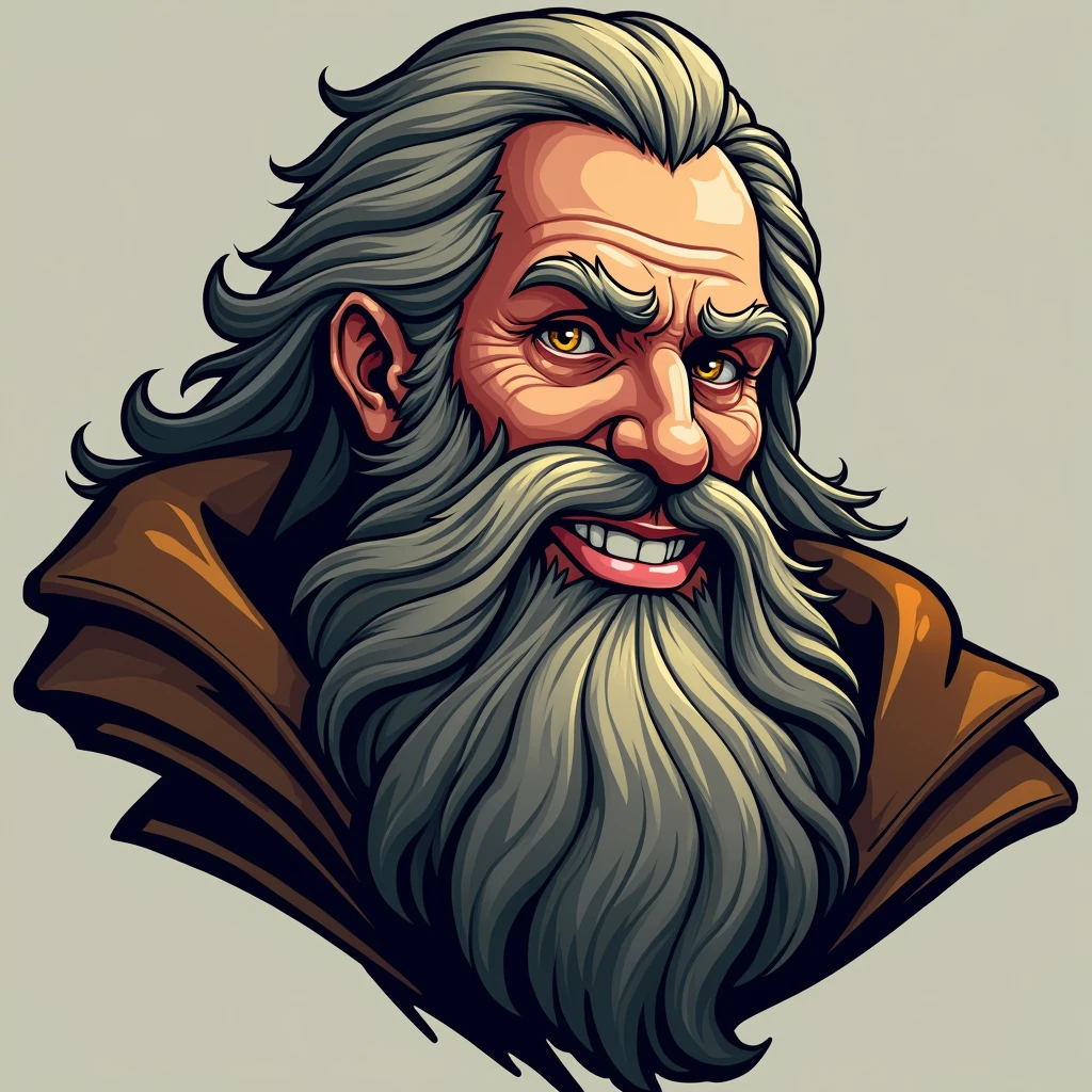 Create an ultra-realistic logo of a mythological god with a long, thick beard, with a cheeky and confident smile. The god must have an aged face with strong and expressive features., highlighting a dominant posture and a discerning gaze. The beard must be very detailed and voluminous., and the smile must convey a mixture of mischief and charisma. The background should be neutral to highlight the figure of the god..