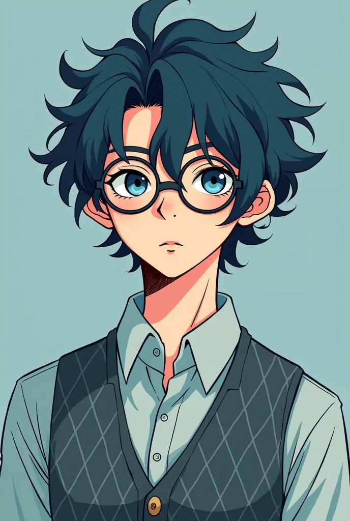 hair: Blueish black in color, with defined curls that fall to the sides of her face. A rebellious lock of hair falls over his forehead, giving him a carefree look.
face: of defined features, with a slightly angular jaw. He has two moles on the left side of his face., one on the cheek near the nose and another near the chin. This adds a distinctive touch to your appearance..
eyes: clear, possibly grey or pale blue in colour, which gives it a calm and introspective look. He wears round glasses that reinforce his intellectual air..
Expression: His expression is serious and focused., which could indicate that you are a thoughtful or reserved person.
outfit: Wear a light blue button-down shirt, along with a diamond-patterned vest in similar tones. The vest has a geometric pattern that gives a classic and neat touch to your outfit..
Accessories: Glasses are an important detail that completes your look, accentuating his intellectual side and perhaps giving him an air of maturity.