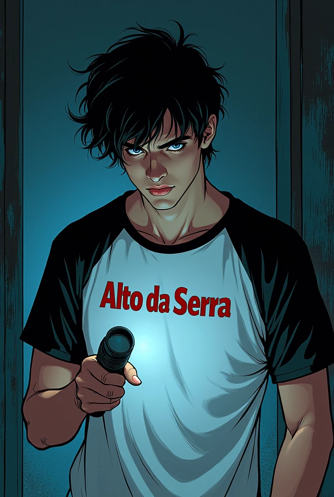 Comic book style image, Man 20 years old, medium length messy black hair with blue eyes with a mysterious expression, defined body with a white shirt with black sleeves with Alto Da Serra written in red, holding a flashlight in his hand looking for something, de corpo inteiro, kind of dark academia style