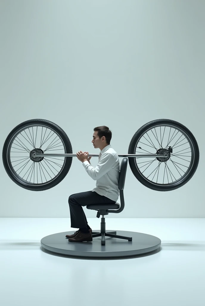 
Make a picture of the assembly used in the experiment on the conservation of angular motion which consists of a rotating chair, A person sitting on this chair while holding a bicycle wheel by means of handles that have the wheel located horizontally, The handles are in the center of the wheel 
