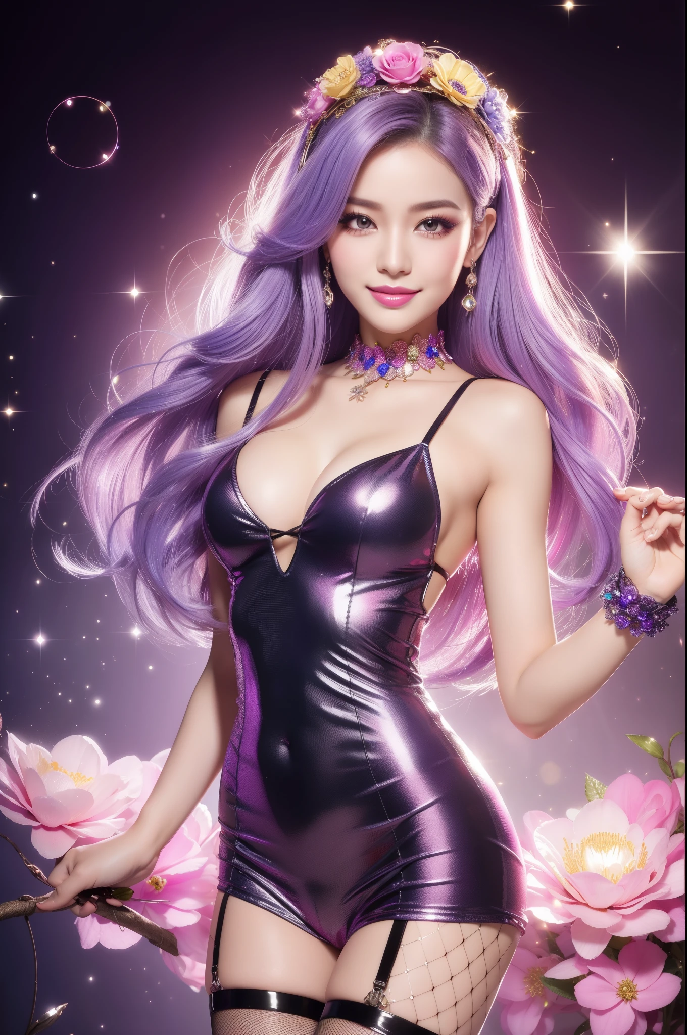 beautiful sexy model who controls poison、beautiful smile、lip-gloss、long lashes、metallic makeup、look at the camera、full body Esbian、、sparkling poisoned flower costume、、、、shiny sparkling multicolor hair、secrete poison、skull hair accessories、fishnet tights、shiny sparkling flowers background