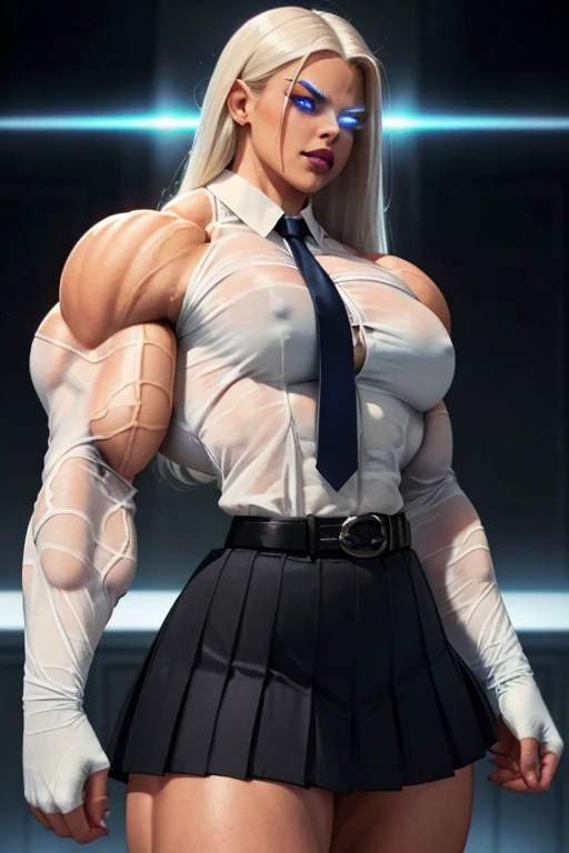 ((Close-up)), tall, (White hair) beautiful muscular woman, long straight hair, brown skinned, closed smile, (black lipstick), (massive muscles), (hyper muscle), ((ginormous bulky muscles)), ((glowing blue eyes)), (((long sleeve white school uniform shirt))), ((black long pleated skirt with belt)), (fingerless gloves), necktie, thigh highs, morning in college,