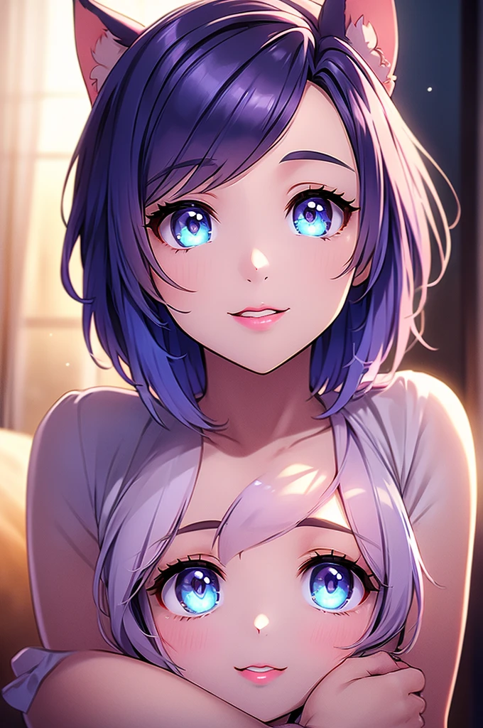 a mother cat girl with her adorable daughter hugging, mother with huge breasts, daughter with short bob haircut, nude, smiling, beautiful detailed eyes, beautiful detailed lips, extremely detailed eyes and face, long eyelashes, photorealistic, highly detailed, 8k, masterpiece, cinematic lighting, dramatic lighting, vibrant colors, warm color palette, mother using lipstick, daughter is a small, adorable  daughter kiising her mother
