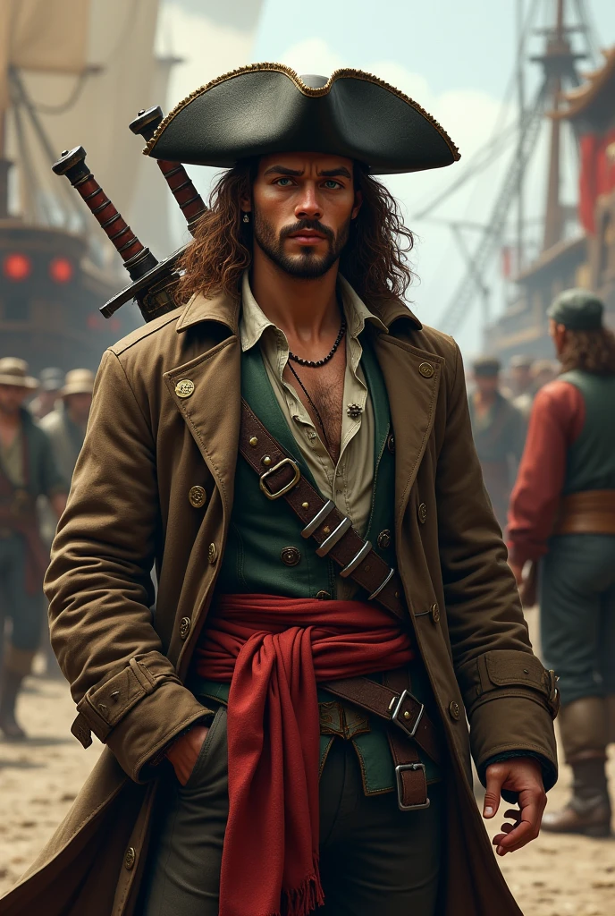 Create an image of a full human race pirate for D&D. A young pirate of 20 years old with long curly hair and garnet red color, a goatee and a garnet red moustache and dark green eyes. He wears a black leather battered hat, He wears a long, worn and old brown pirate-style trench coat, with a light shirt and a ruined vest underneath. In life he wears a red sash with a belt and two bastard swords on his back., in the background a pirate port.