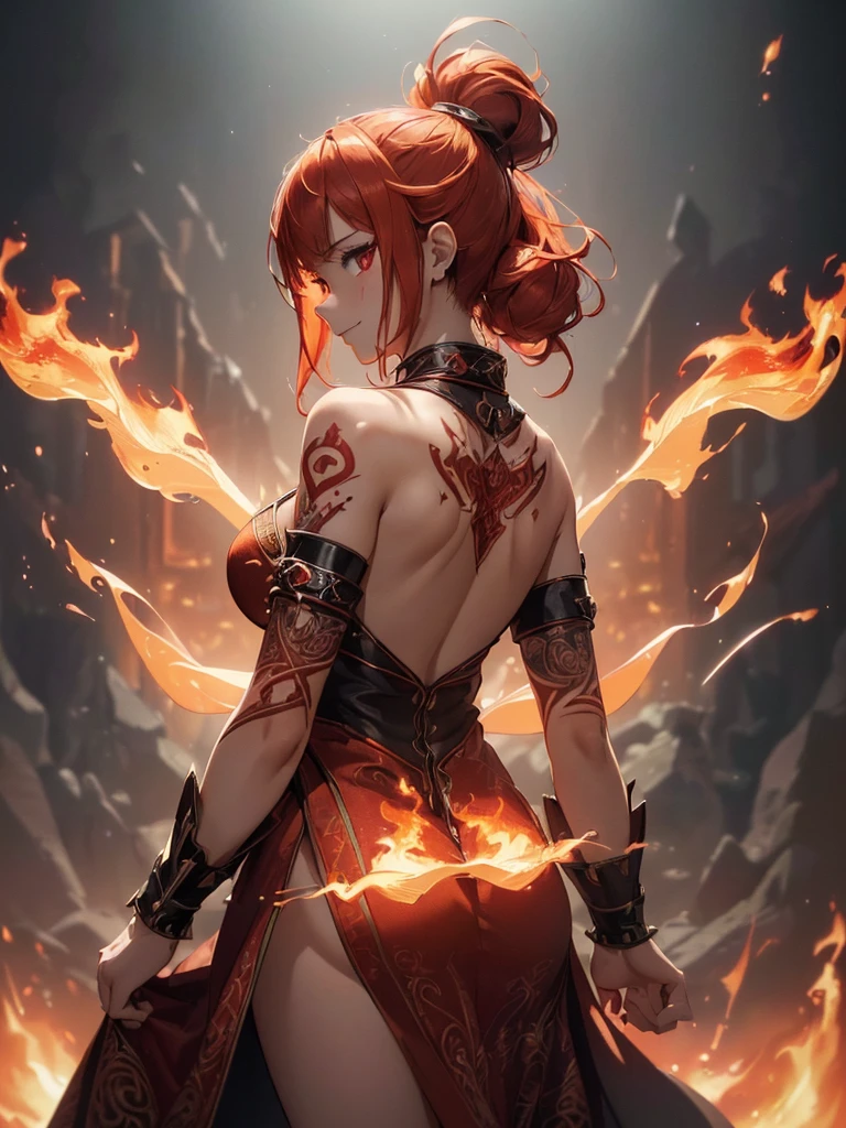(((best quality, sharp image, clear image, cinematic lighting, 8k resolution, masterpiece, ultra detailed, intricate))) Girl, ((shot from behind)), ((close up)), look at viewer, fire mage, ((intricate background)), ((chaotic background)), red hair, smiling, ((flame runes, flame sigils)), (tatoo on back), slim figure, flying sigils, long dress, cute
