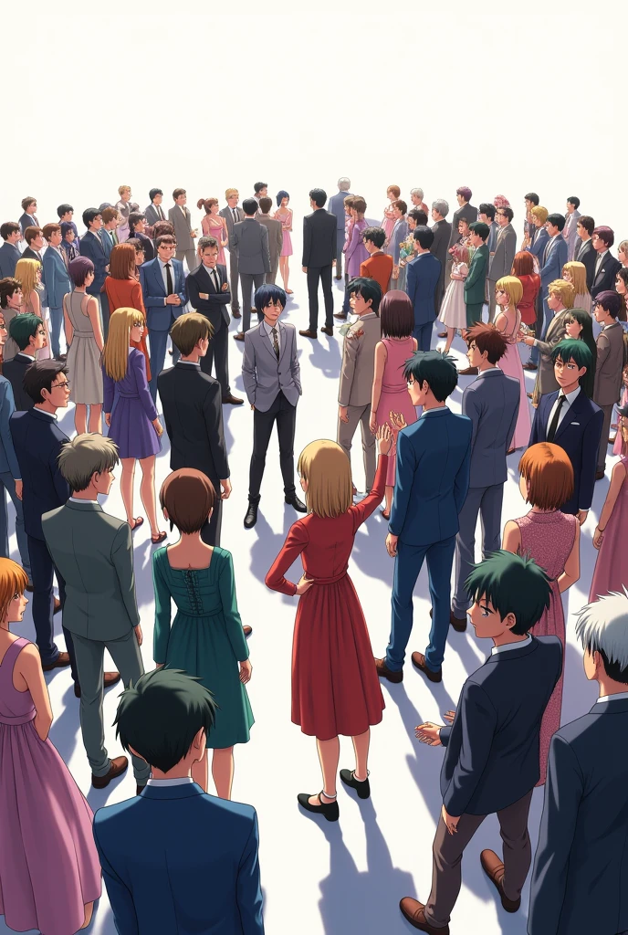 the top 10 popular anime’s and manga together at a party huge zoom out all white background studio