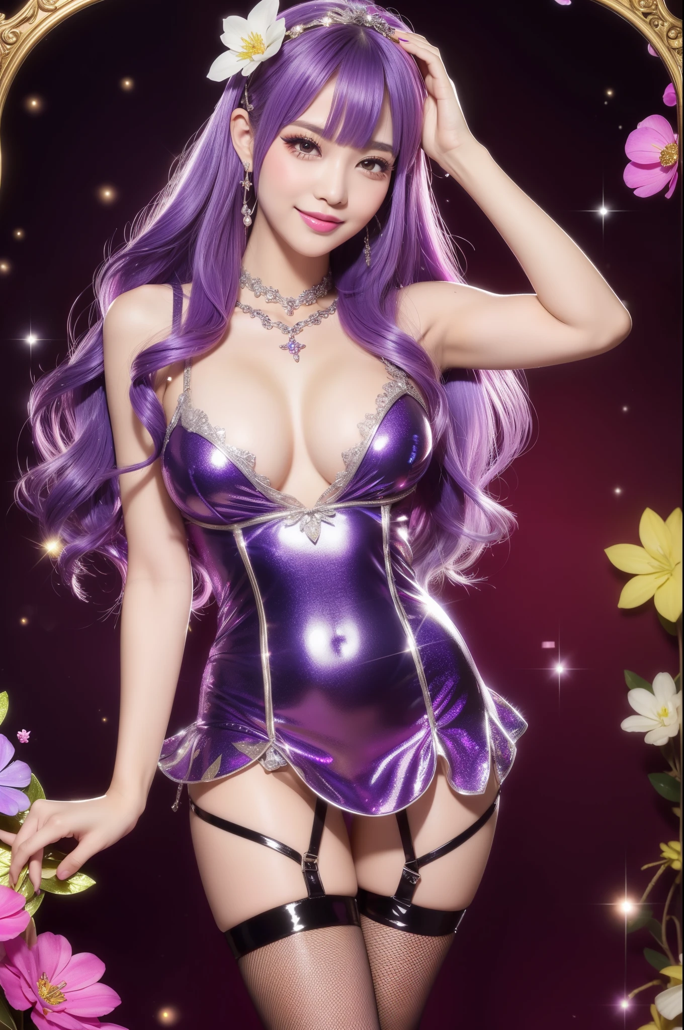 beautiful model who controls poison、beautiful smile、lip-gloss、long lashes、metallic makeup、look at the camera、full body Esbian、、sparkling poisoned flower costume、、、、shiny sparkling multicolor hair、secrete poison、skull hair accessories、fishnet tights、shiny sparkling flowers background