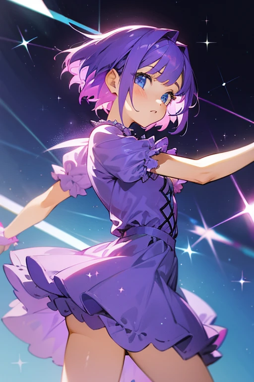 
Girl with short purple hair,sparkling blue eyes, wearing a purple dress with pink star designs with lots of ruffles 