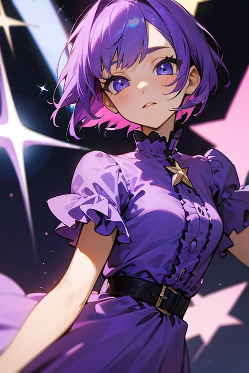 Girl with short purple hair,sparkling blue eyes, wearing a purple dress with pink star designs with lots of ruffles