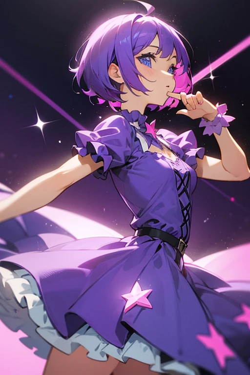 Girl with short purple hair,sparkling blue eyes, wearing a purple dress with pink star designs with lots of ruffles
