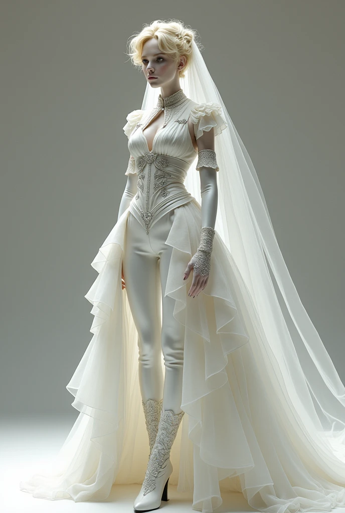Man of androgynous appearance: Her skin is white and her hair is short, wavy, layered blonde., On top they hold some blonde braids, the groom's veil in layers of organza. She wears an outfit that combines a dress with very tight white dress pants.. The pants are completed with a layered groom's dress train that starts at the waist with layers of elegant tulle and diamonds.. The top of the rocooc dress is complete from waist to neck, imperial collar with jabot ruffles and a bow, sleeveless, necklineless decorated with diamonds sewn on the front. The ensemble is complemented by a layered bridal veil., long, elbow-length lace gloves and rococo boots