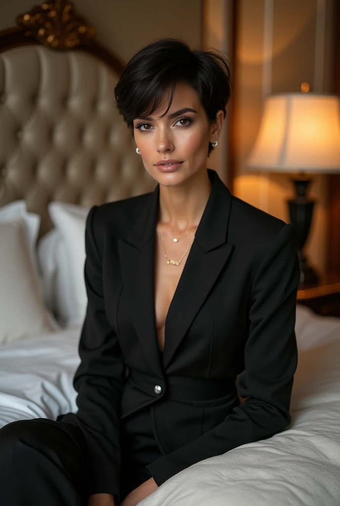 (Best quality, Czech woman, 4, short black hair, (sitting on bed), luxury city hotel room, (elegant outfit:1.2), soft lighting)